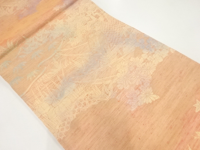 手織り紬小舟に草花模様織出し袋帯